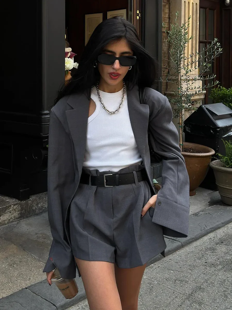 

Women's Suit Shorts Set Autumn Winter Loose Suit Jacket Shorts Office Lady Suit 2-Piece Set