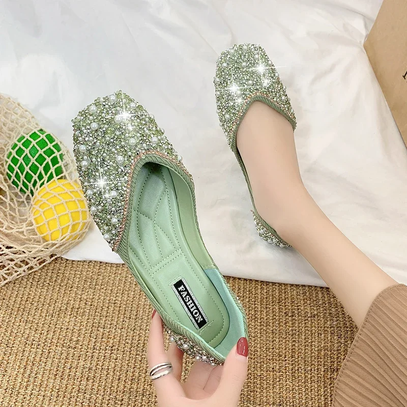 Glitter Crystal Pearl Studs Ballet Shoes Women Square Toe Slip On Loafers Cozy Shallow Cut-Out Ballerina Flats Moccasins Female