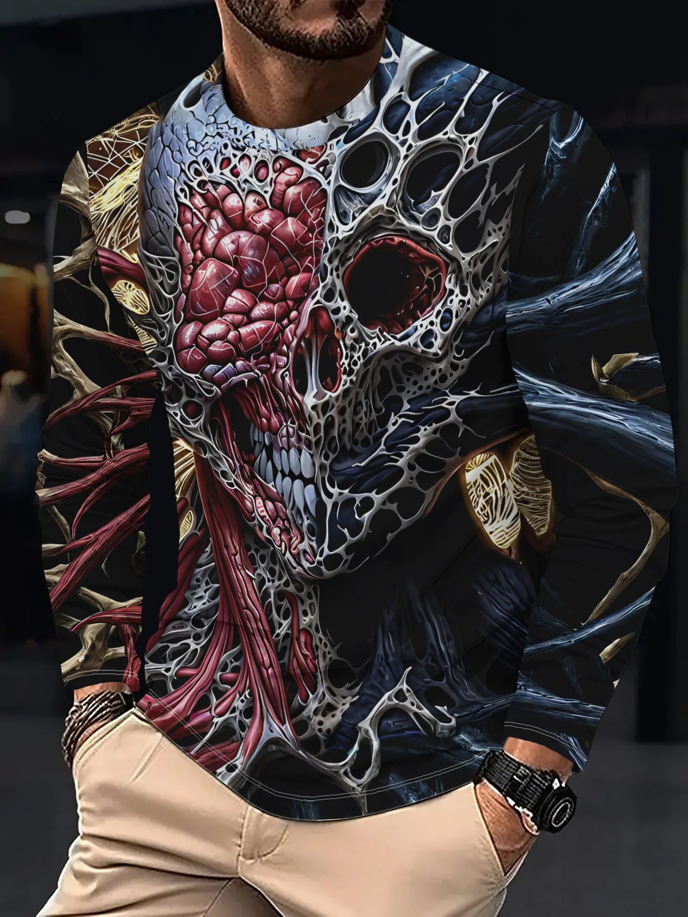 Men 3D Horror Flesh Skull Print Long Sleeve Shirt Skeleton Texture Scary Graphic Crew Neck Top Casual Pullover Tees