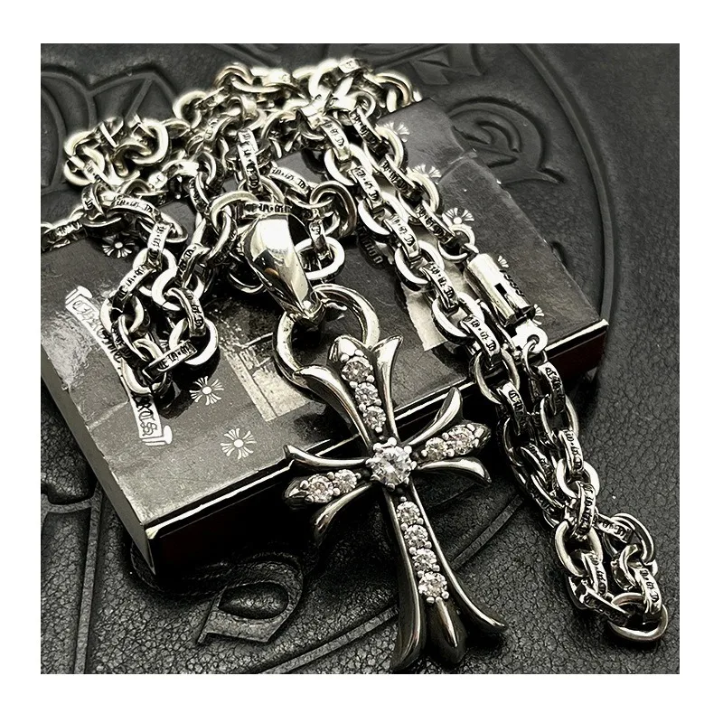

Tide Jewelry Thai Silver Retro Medium Full Diamond Water Drop Double Ring Cross Necklace Premium Autumn and Winter Sweater Chain
