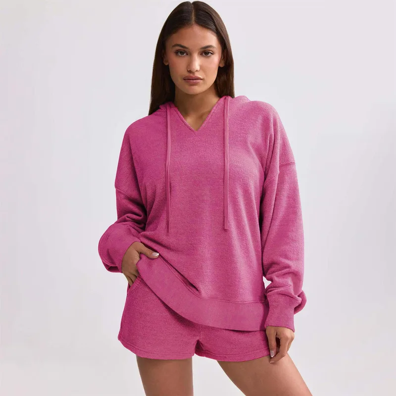 2024 Autumn/winter New Knitted Loose V-neck Long Sleeve Top, Hooded Hot Girl Hoodie, Women's Sweatshirt, Solid Color Women's Top