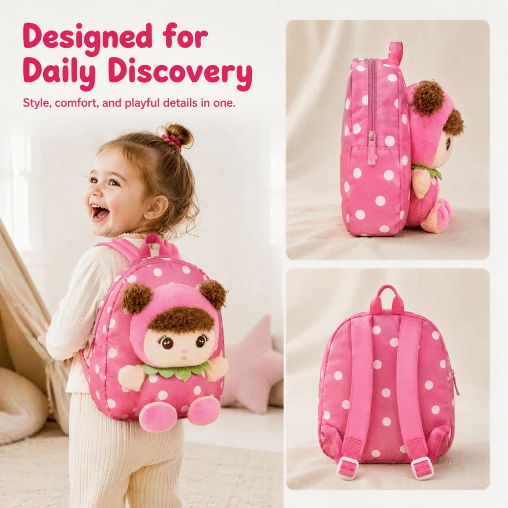 Soft Plush Polka Dot Children Backpack Multiple Pockets Adjustable Straps Kids Rucksack Lightweight 3D Doll Design