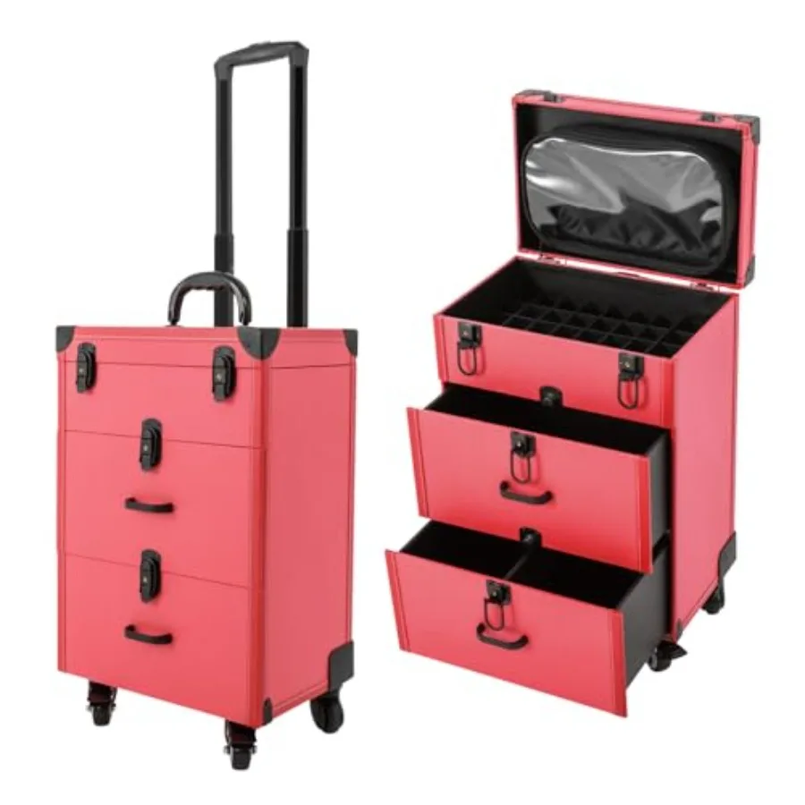 Makeup Train Case Heavy Duty Rolling Makeup Case with 4 Secure Locks 3 Adjustable Layers for Salon Nail and Cosmetic Organizati