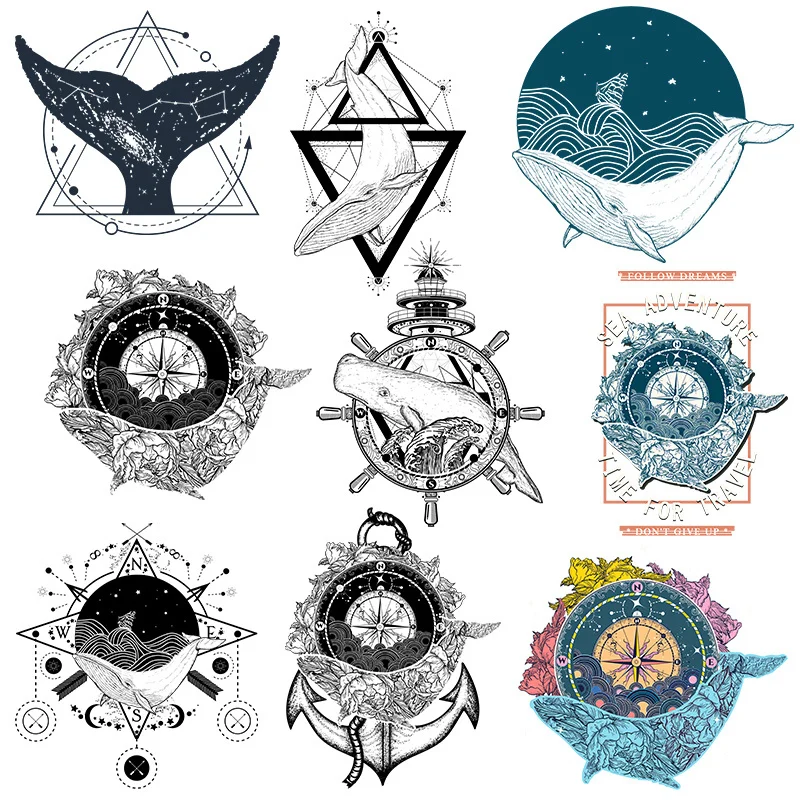 Beautiful Whale Clock Heat Transfer Vinyl Anchor Patch Iron On Transfer For Clothing Animal Stripes Thermal Sticker On Clothes