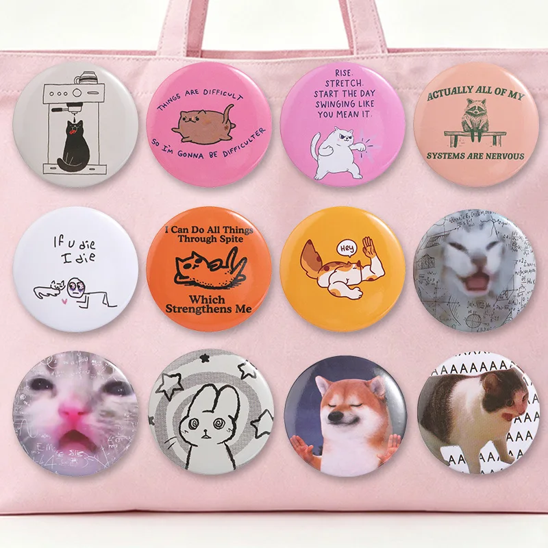 Cute Meme Cat Raccoon Dog Enamel Badge Funny Internet Animal Slogan Round Button Lapel Pin For Bag Backpack Decor Gift