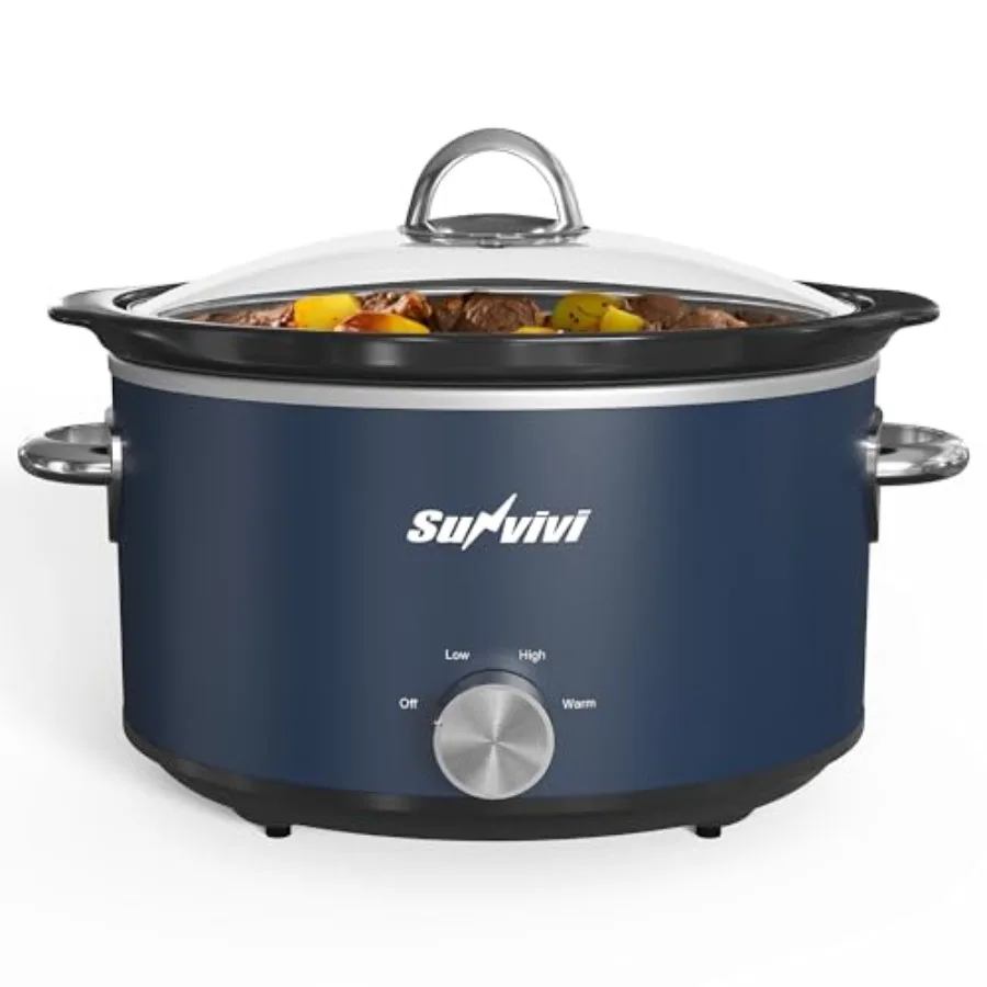 

4QT Mini Slow Cooker with 3 Heating Settings Removable Ceramic Pot Stainless Steel Body Blue Dishwasher Safe Glass Lid Ideal fo