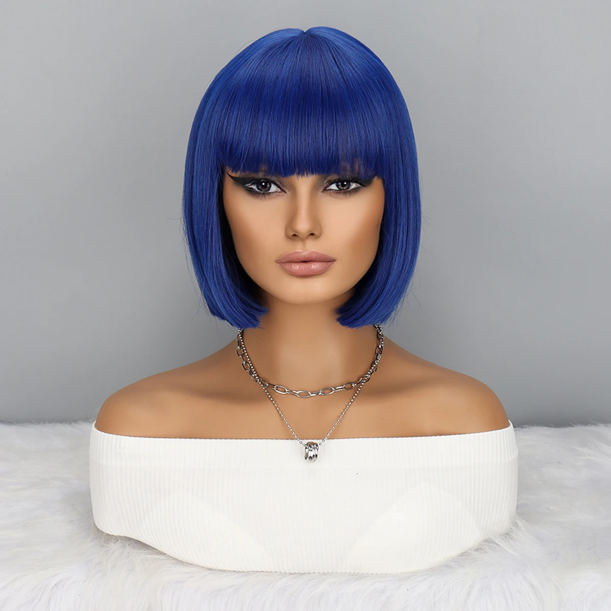 Wig Bob pendek sintetis dengan poni, Wig Bob biru untuk pesta sehari-hari panjang bahu