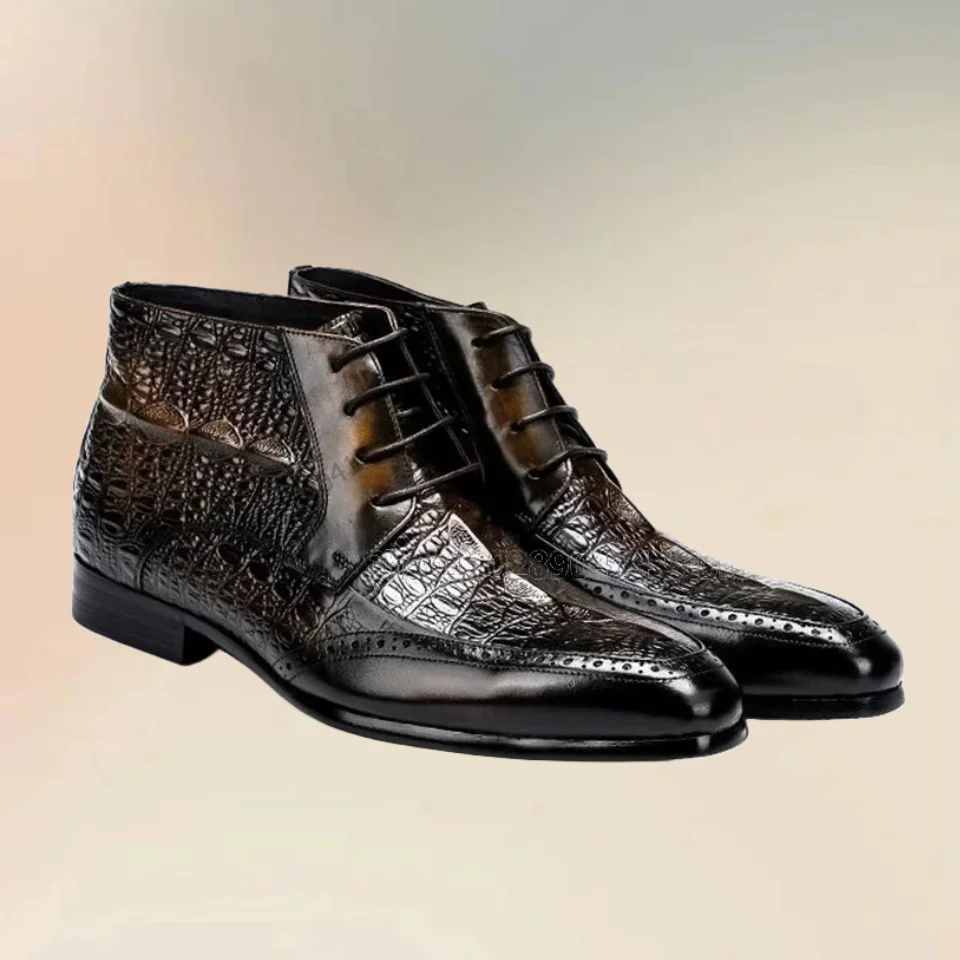 Black Brown Crocodile Print High Top Ankle Boots Fashion Lace Up Men Boots Luxury Handmade Party Banquet Office Men Dress Shoes