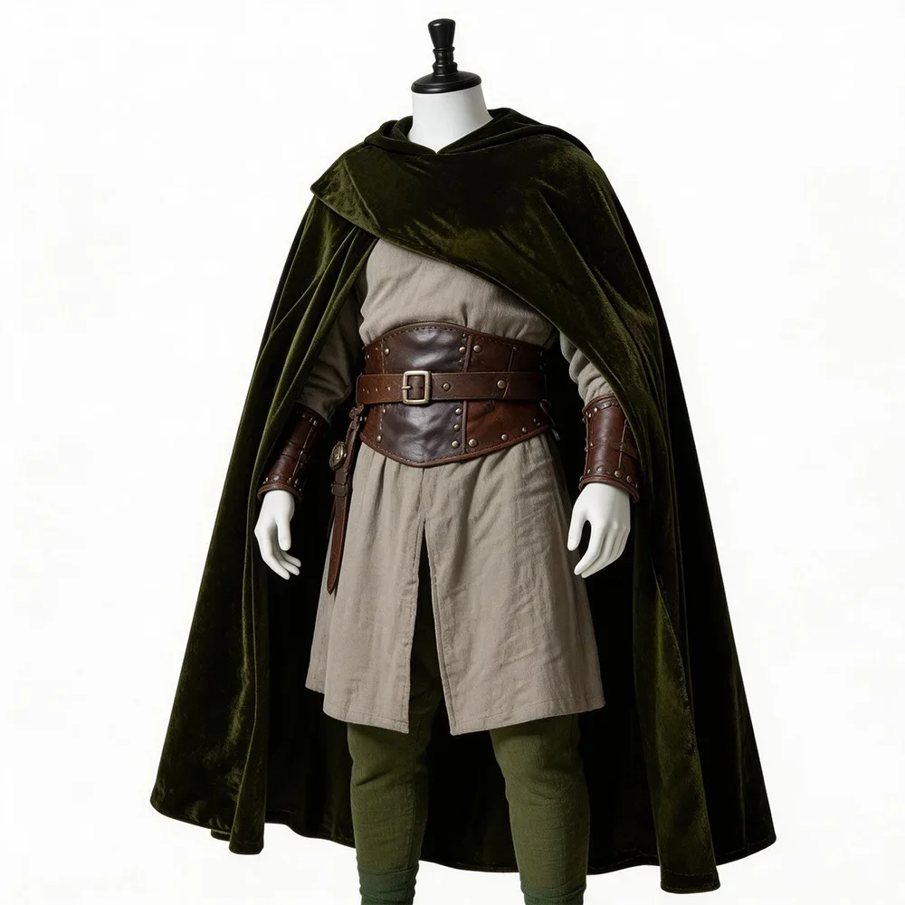 Men's Halloween Hooded Cape Solid Color Velvet Medieval Cloak Renaissance Cape With Hood Pirate Sorcerer Performance Costume