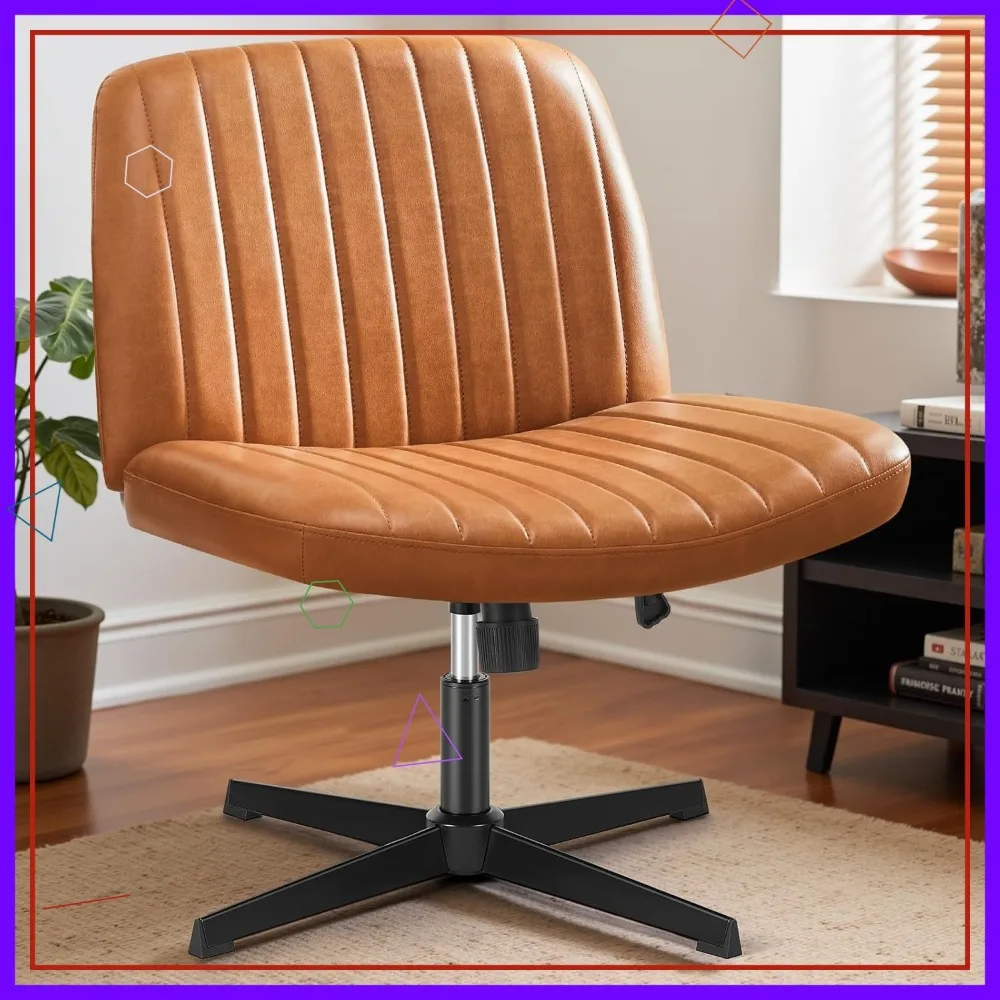 Wide Cross Legged Office Desk Chair, PU Leather Armless Adjustable Swivel Chair for Home Computer Task Brown