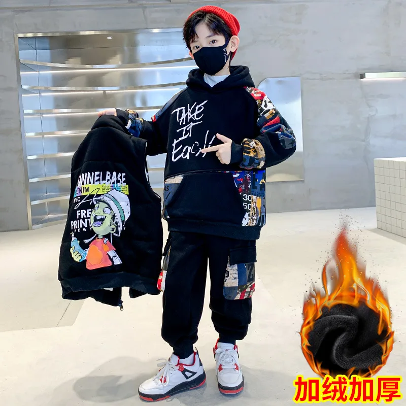Boys Coat +Trousers +Vest Cotton Kids Sport Suits 3PCS/Set 2023 Cartoon Winter Autumn School Plus Size Outfits Children Sets
