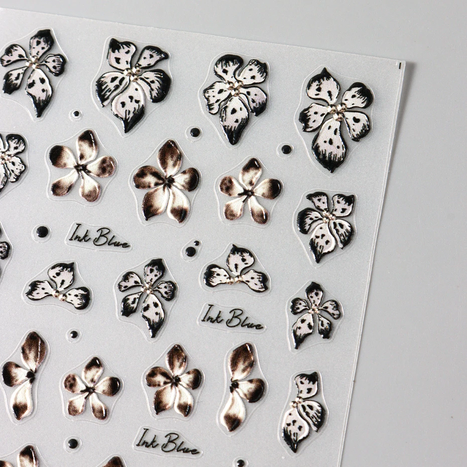 2pcs 검은 갈색 꽃 3D 네일 아트 스티커 데칼 표범 난초 꽃잎 피는 꽃 잎 열 대 네일 장식 슬라이더