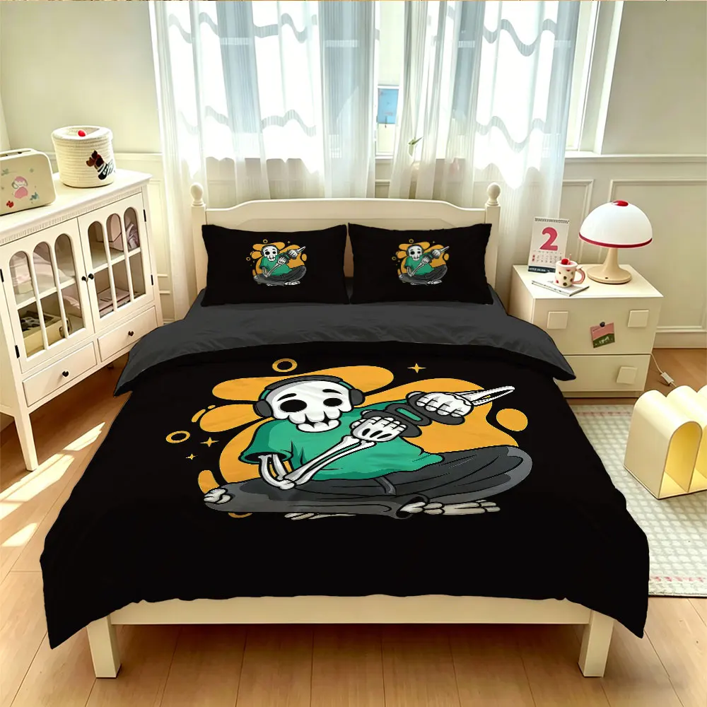 3pcs Dark Rock Skeleton Halloween Printed Quilt Set 1 Quilt Set 2 Pillowcase Holiday Bedding Machine Washable Decoration