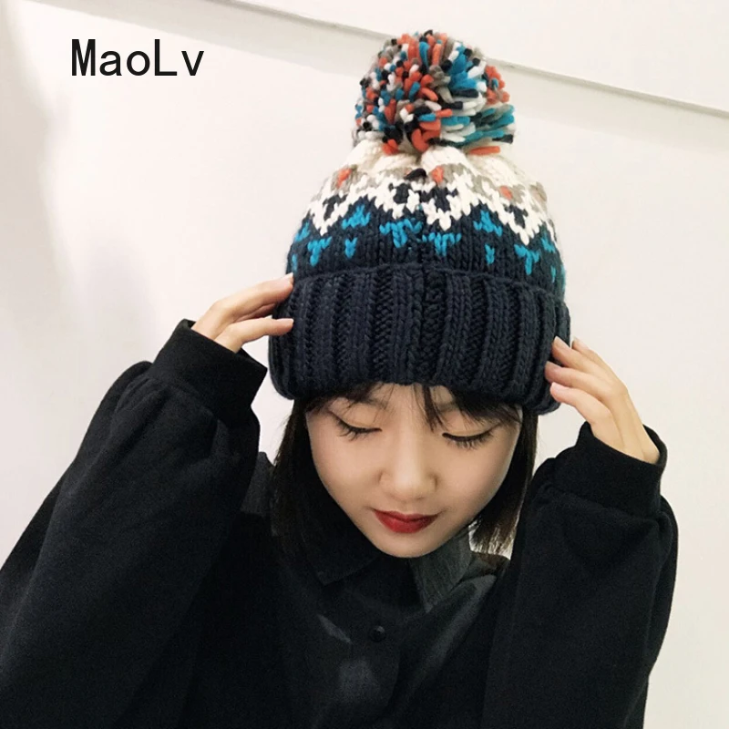 Women Mixed Color Beanies Winter Warm Cute Wool Ball Woolen Ear Protection Cap Korean Fashion Cold Hat Lady Knitted Hat