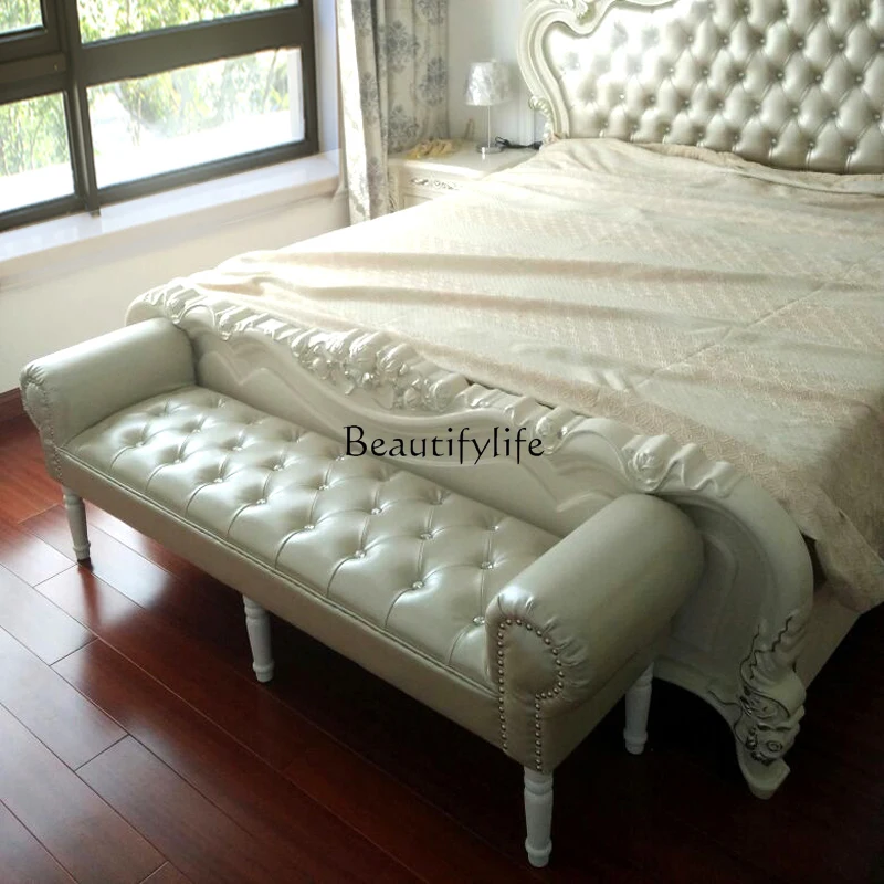 3European solid wood storage leather sofa white end of bed shoe changing stool fashionable