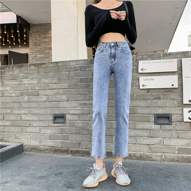 High Waist Straight Leg Jeans Women's Loose Fit Slimming Light Blue Denim Pants Spring Autumn Cotton Stretch High Waist Jeans