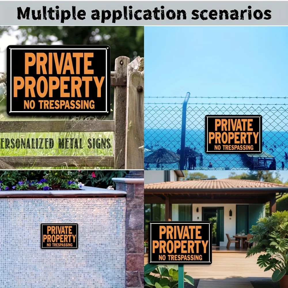 [JIT]6pcs Vintage Metal 'Private Property No Trespassing' Signs- Retro Orange& Yellow Decor Plaques for Indoor/Outdoor Use, Idea