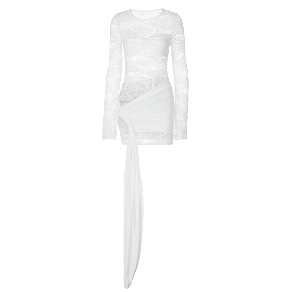 Estilo 2025 novedad de verano ropa de mujer moda y Sexy cuello redondo encaje empalme Streamer vestido de manga larga