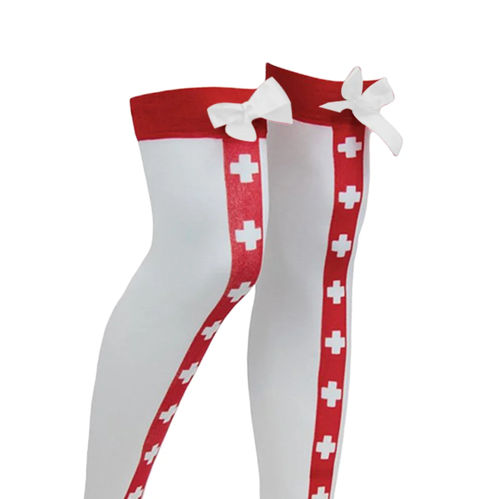 1 Paar oberschenkelhohe Krankenschwesterstrümpfe, weißes Fliege-Design, weich, elastisch, rutschfest, warme Socken für Damen, Party-Kostüme, Baumwolle