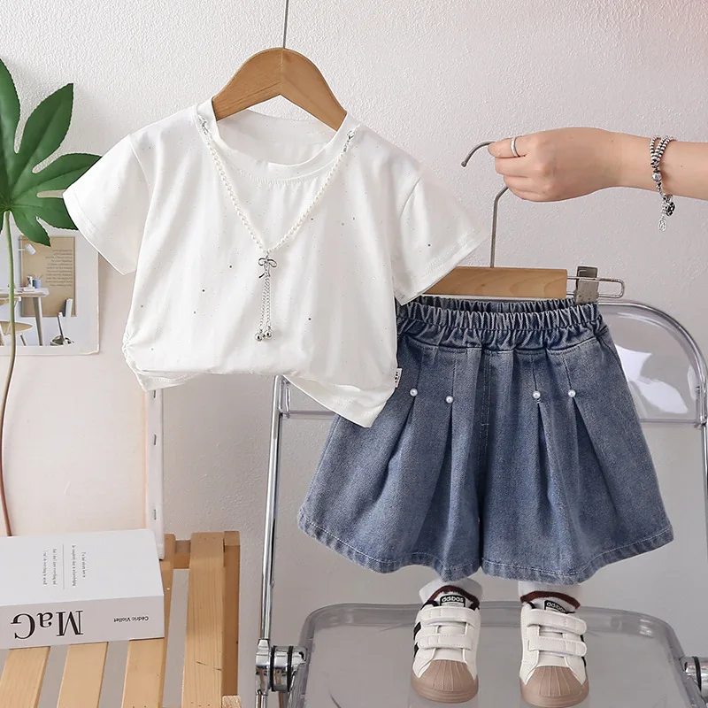 Toddler Summer Outfits 2026 Korean Baby Girl Clothes 1-5T Girls Sweet Glitter Short Sleeve T-shirt and Denim Skort 2 Piece Set