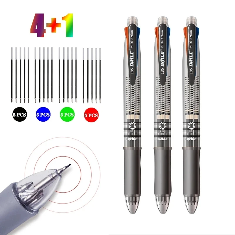 5-in-1 mehrfarbige Kugelschreiber mit 4 farbigen austauschbaren Stiftminen, 1 automatische Bleistiftmine, Kawaii-Briefpapier-Radiergummi oben – Detail 1