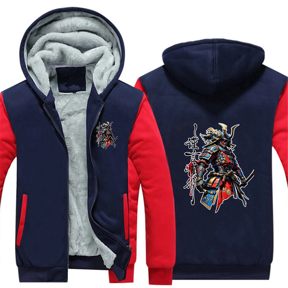 Street-style Samurai Pattern Logo 2026 Men's Autumn Winter Thicken Fleece Hoodies Hip Hop Fashion Comfortable Zipper Warm Coat