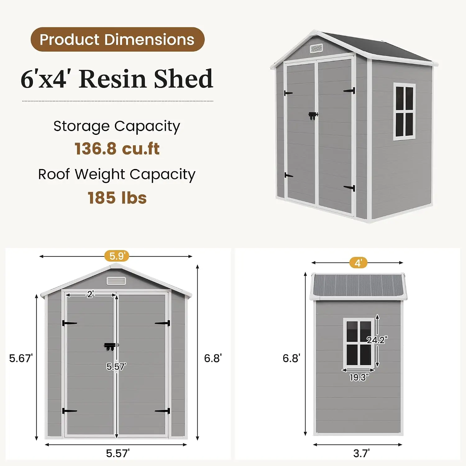 6x4 FT, Plastic Shed for Garden, Grey | Weather UV Resistant, Heavy Floor, Lockable, Customized