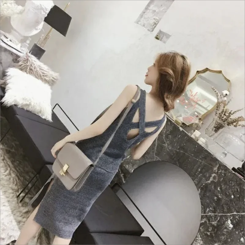 2024 new Korean version of the long backless halter vest dress summer open fork female slimming