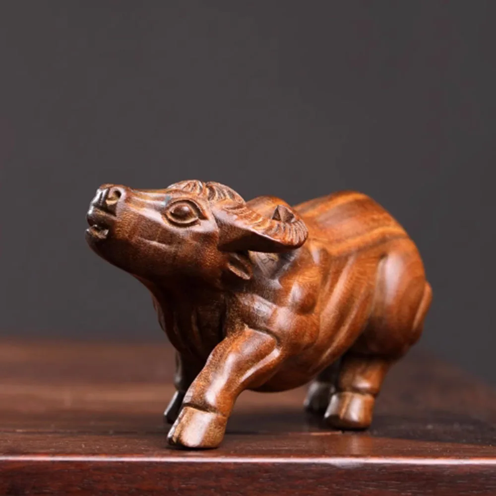 Y65 - 12X4.4X5.7 CM Buffalo OX Green Sandalwood Sculpture Animal Statue Collection Office Decoration Home Décor