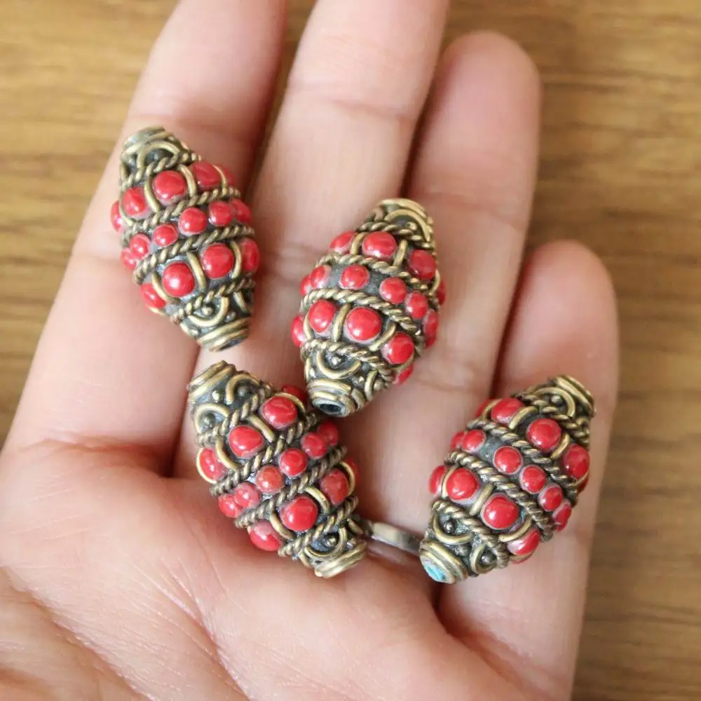 BD262 Tibetan Brass Inlaid Red Mini Glass Beads For Jewelry Making Diy Accessories 4 pieces Lot