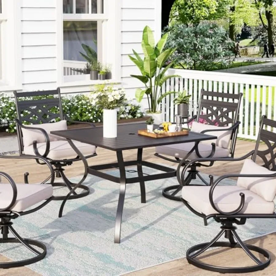 Outdoor patio dining table for backyard bistro use, steel metal slat construction, matte black finish, weather-resistant with 1
