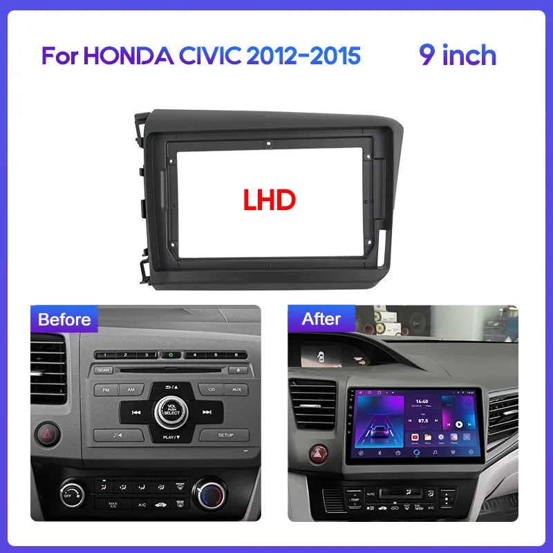 9 inch Car Radio Face Frame For Honda Civic 9 FB 2012-2015 Fascia Stereo Panel Mounting Head Unit cables Harness frame Dash kit