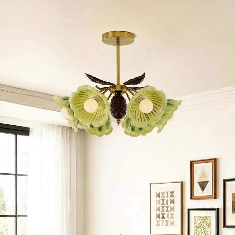 Retro Ceramic Chandelier French Pastoral Flower Design Living Room Dining Light Romantic Bedroom Ceiling Lamp American Style