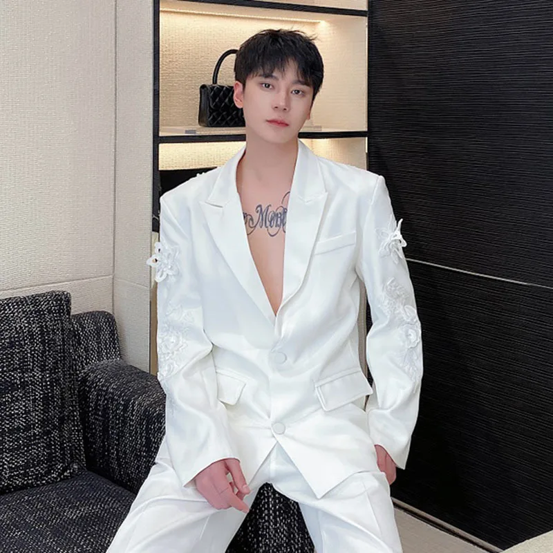 IEFB 2024 New Fashion Men\'s Set Single Breasted Embroidery Perspective Suit Jacket Suit Pants Temperament Male Two-piece 9C5193
