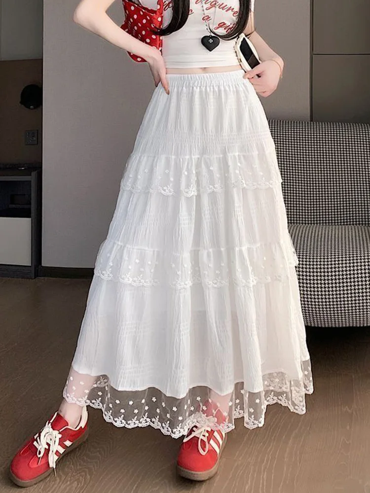 Lace Patchwork White Long Skirt Women High Waist Sweet Vintage Skirts Summer Elegant French Preppy Style Lady A Line Long Skirts