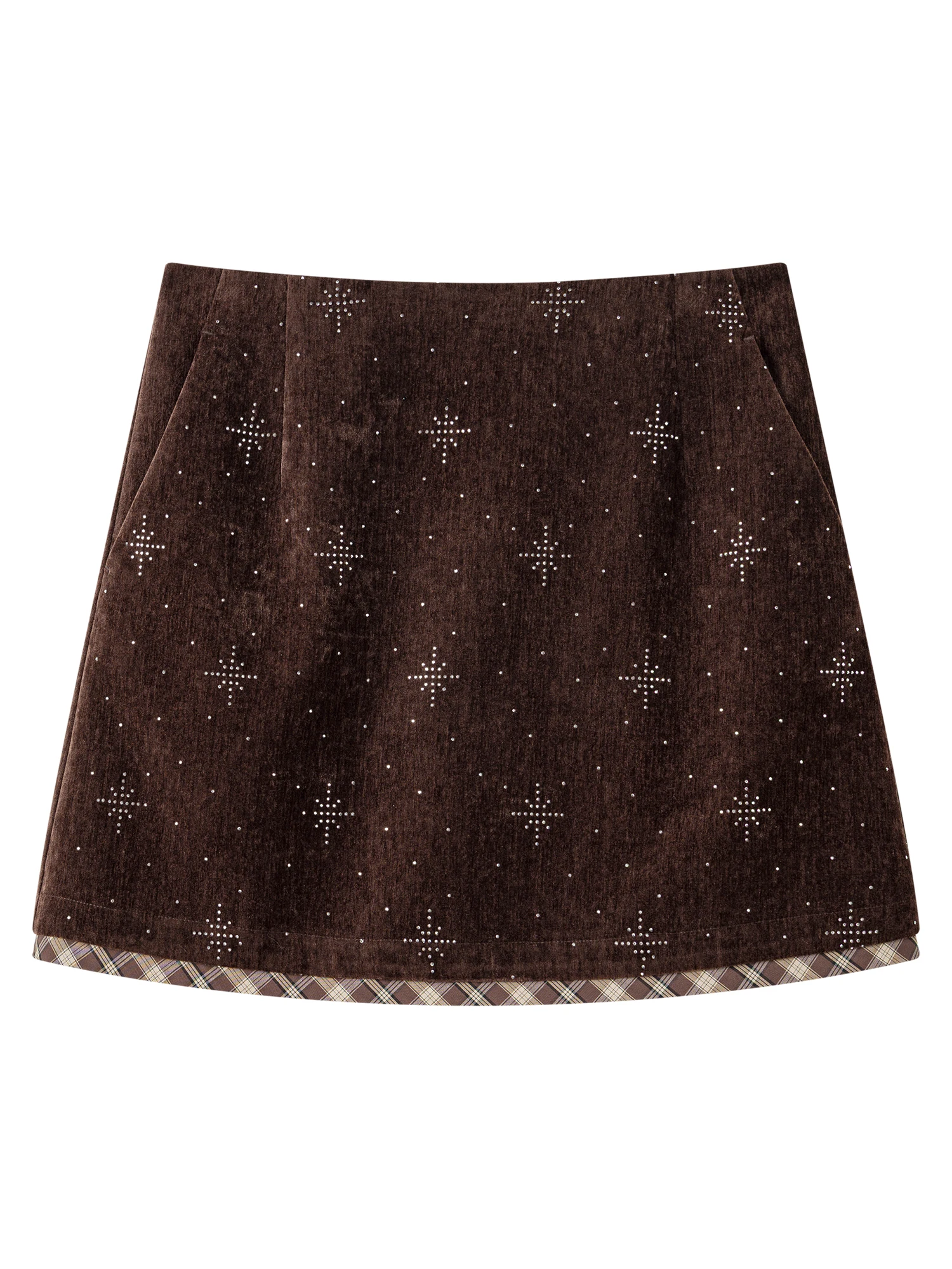 FSLE Retro Starburst Strass Karierter Minirock Damen Winter 2026 Neuer A-Linien Brauner Bodycon-Rock Süß-Kühler – Detail 7