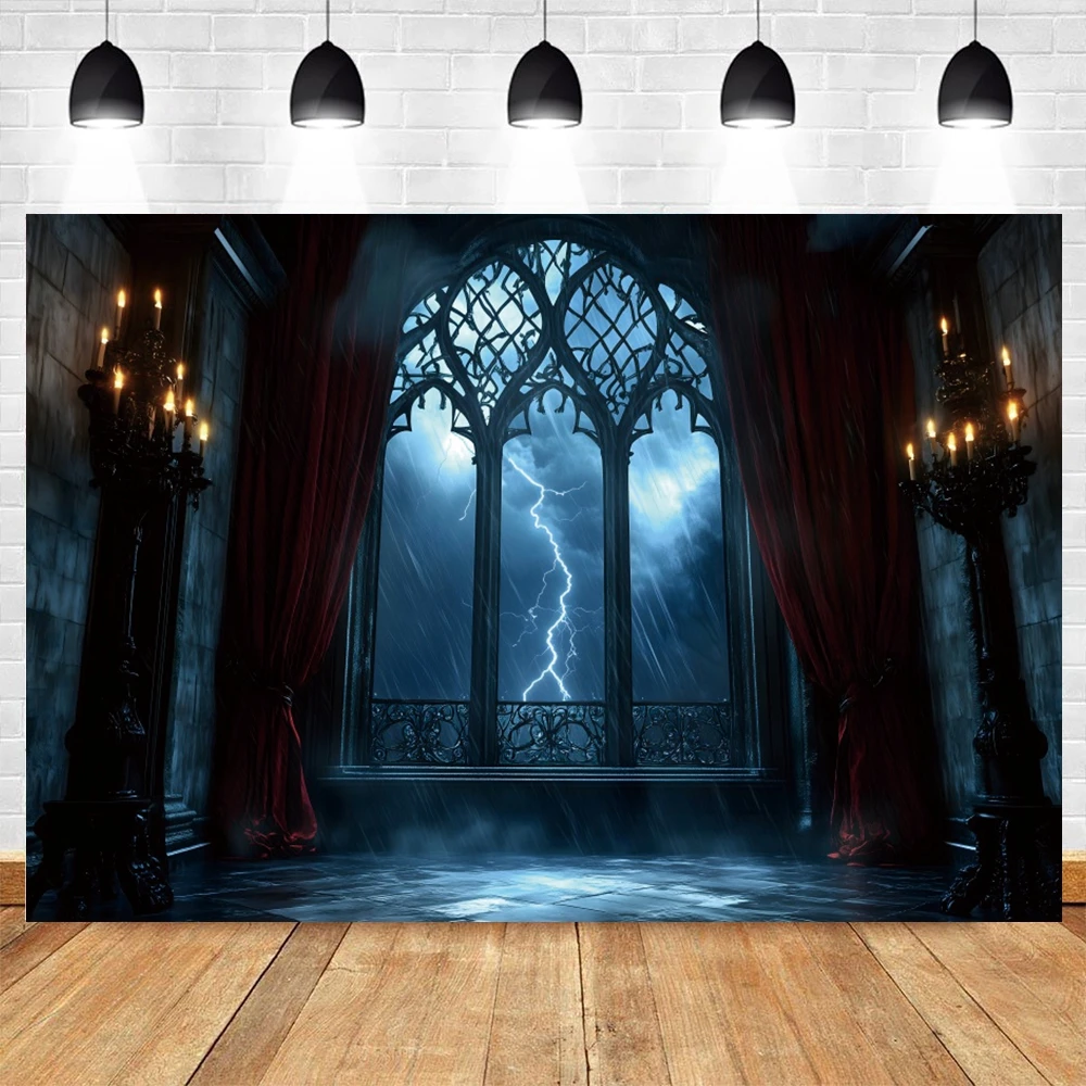 Horror Halloween Night Scene Photography Backdrop Castle Window Lightning Halloween Party Decor Art Portrait Photo Background