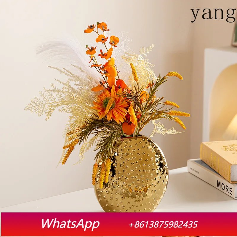 

Gold-plated spiked ceramic vase round flower pot room aesthetic decoration