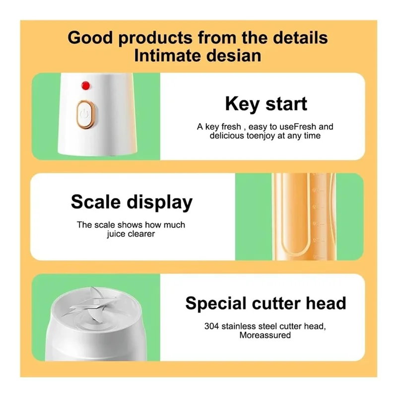 

B07B-Portable Smoothie Blender USB Rechargeable Mini Juicer Cup With, Ideal For Milkshakes And Juice