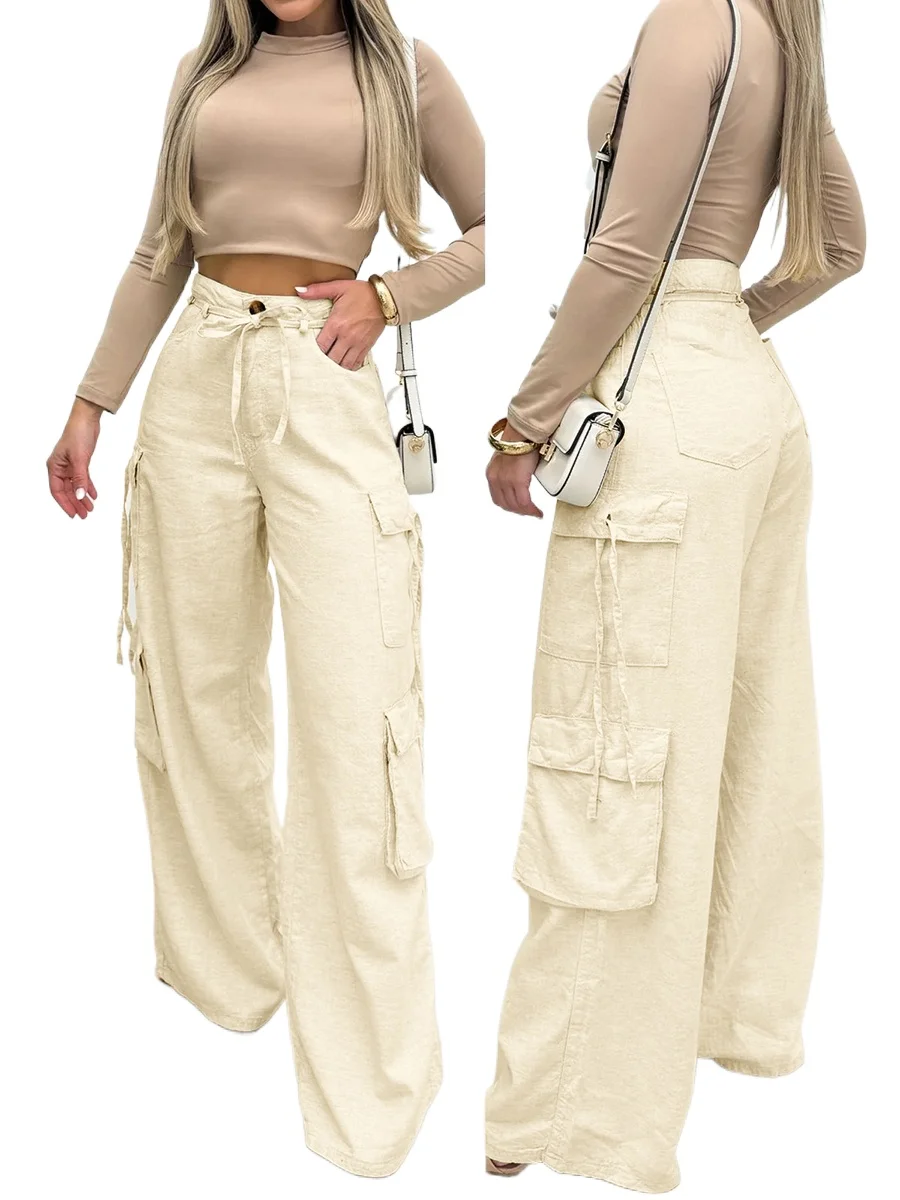 Womens Casual Loose Cargo Pants High Waisted Wide Leg Full Length Multi Pockets Drawstring Solid Color Streetwear