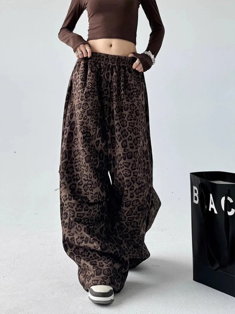 

Y2k Autumn And Winter New Leopard-Print Casual Pants Women Elastic High Waist Drawstring Loose Thin Wide Legs Long Pants Trend