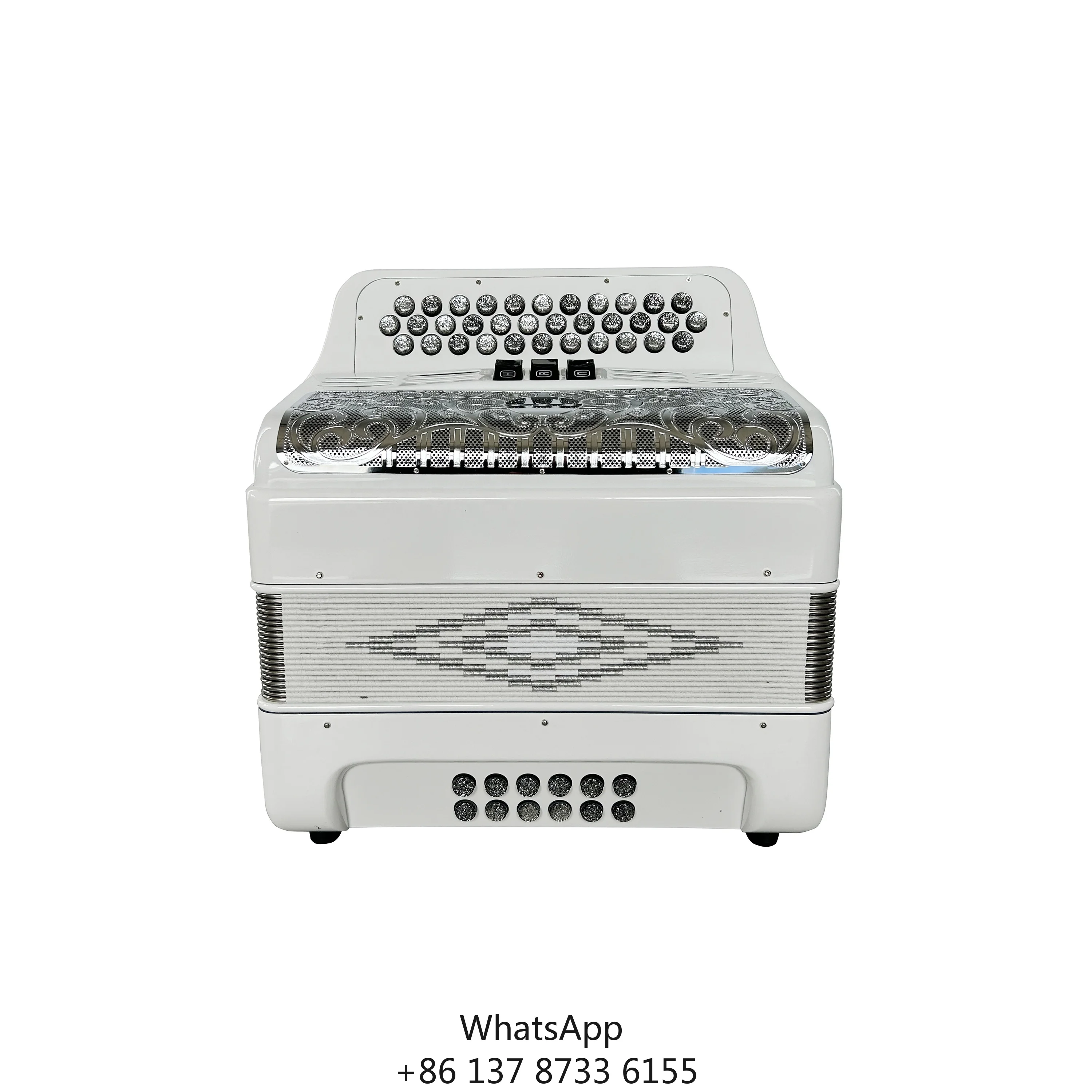 JB3412C Musical Accordion Instrument 34 Buttons 12 Bass 3 Registers Bright White With Silver Grill Buttons Diatonic Conformation