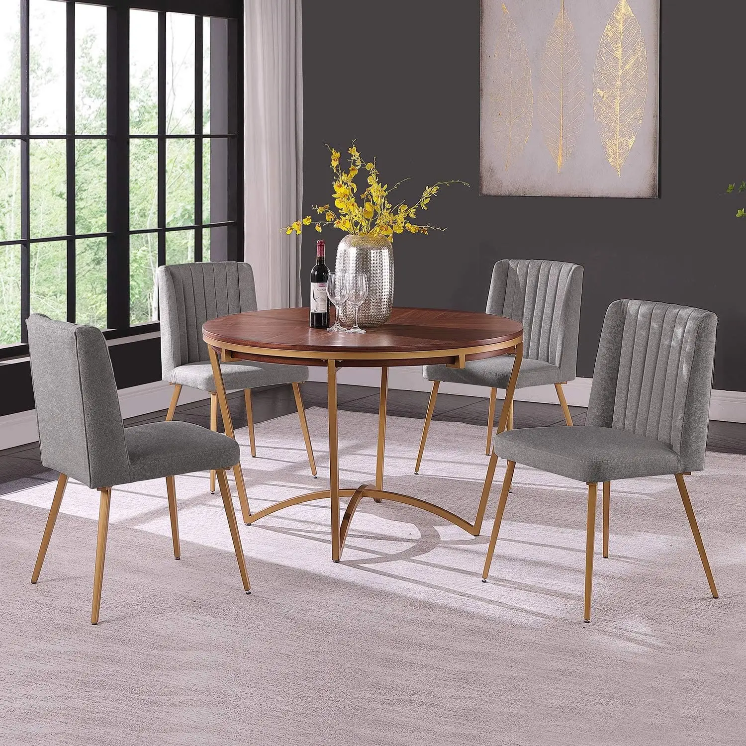 Morden Fort Dining Table Set For 4, 46"" Round Dining Table With Chenille Upholstered Chairs, Kitchen Table Chairs Set Of 4 For
