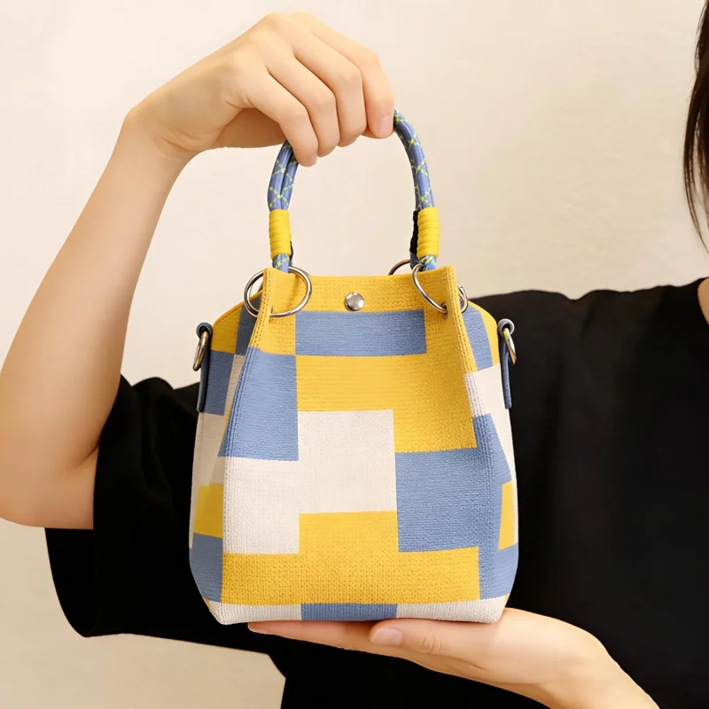 Mini Bolsa de Tricô para Mulheres, Pequena Bolsa de Mão Geométrica com Alça Destacável