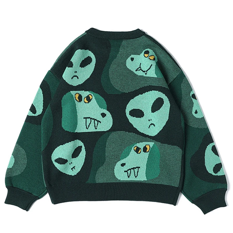 2024 Green Cartoon Fun Man girocollo maglione moda Casual sciolto lavorato a maglia coppia Street Hip Hop Pullover Streetwear Ropa Hombre