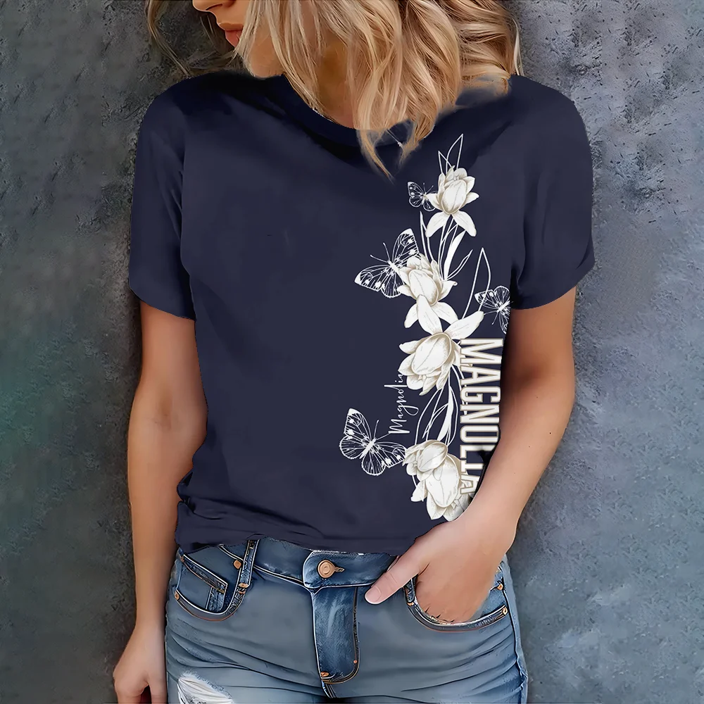 

Women's round neck T-shirt with blue background and white butterfly flower print -2025 summer new product for daily leisure