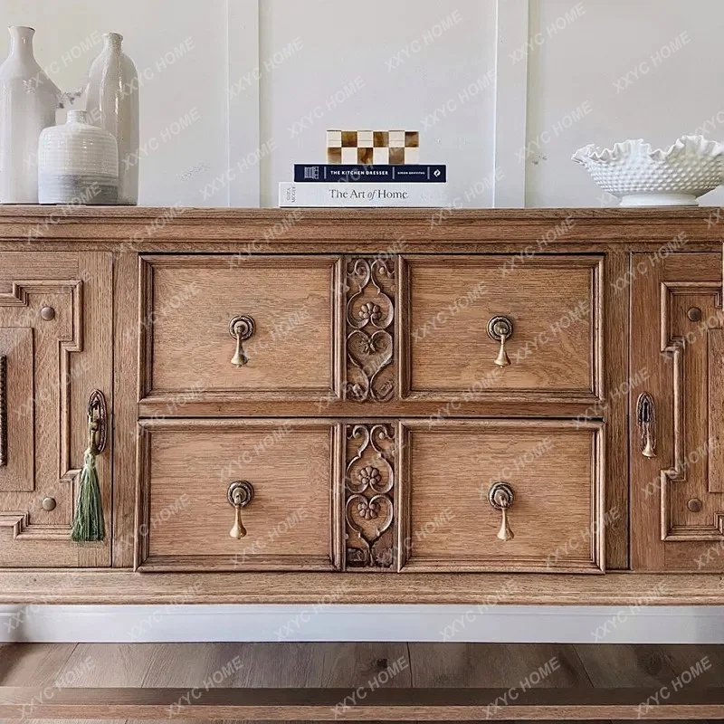 XX Lretro solid wood engraved entrance cabinet medieval living room storage and dining side cabinet