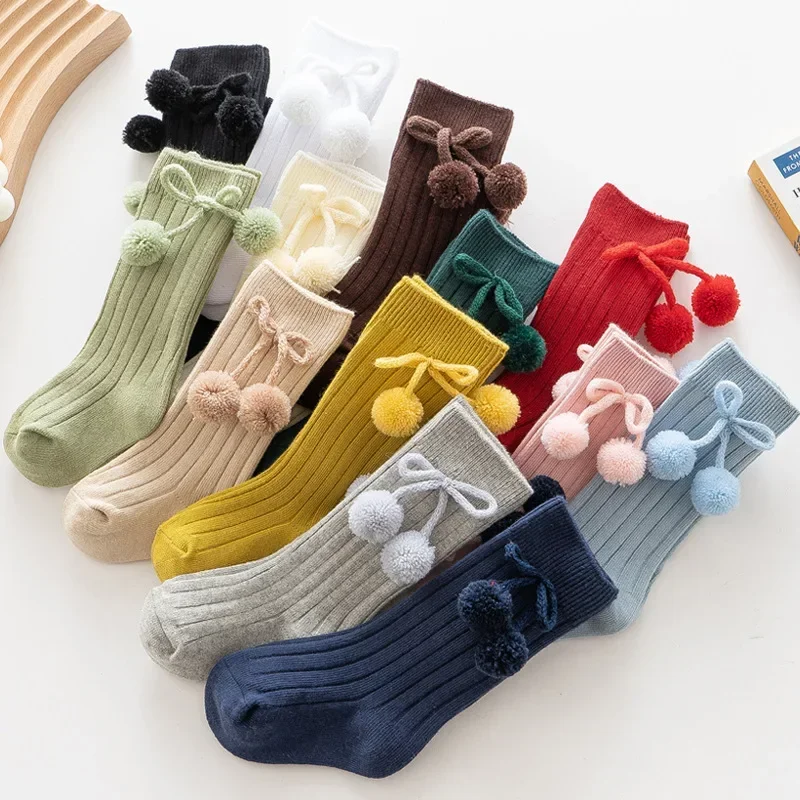 Baby Socks Anti-Slip Kids Autumn Winter Sock Pompom Girls Boy Candy Color Leg Warmers Ribbed Infant Knitted Socks 0-5Y