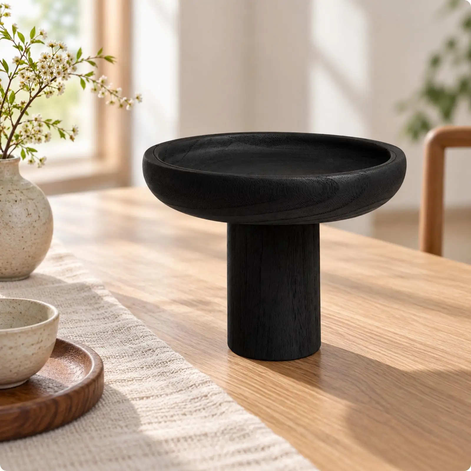 Solid Wood Pedestal Tray Sturdy Round Decorative Wood Tray Smooth Surface Fully Assembled for Living Room, Showroom