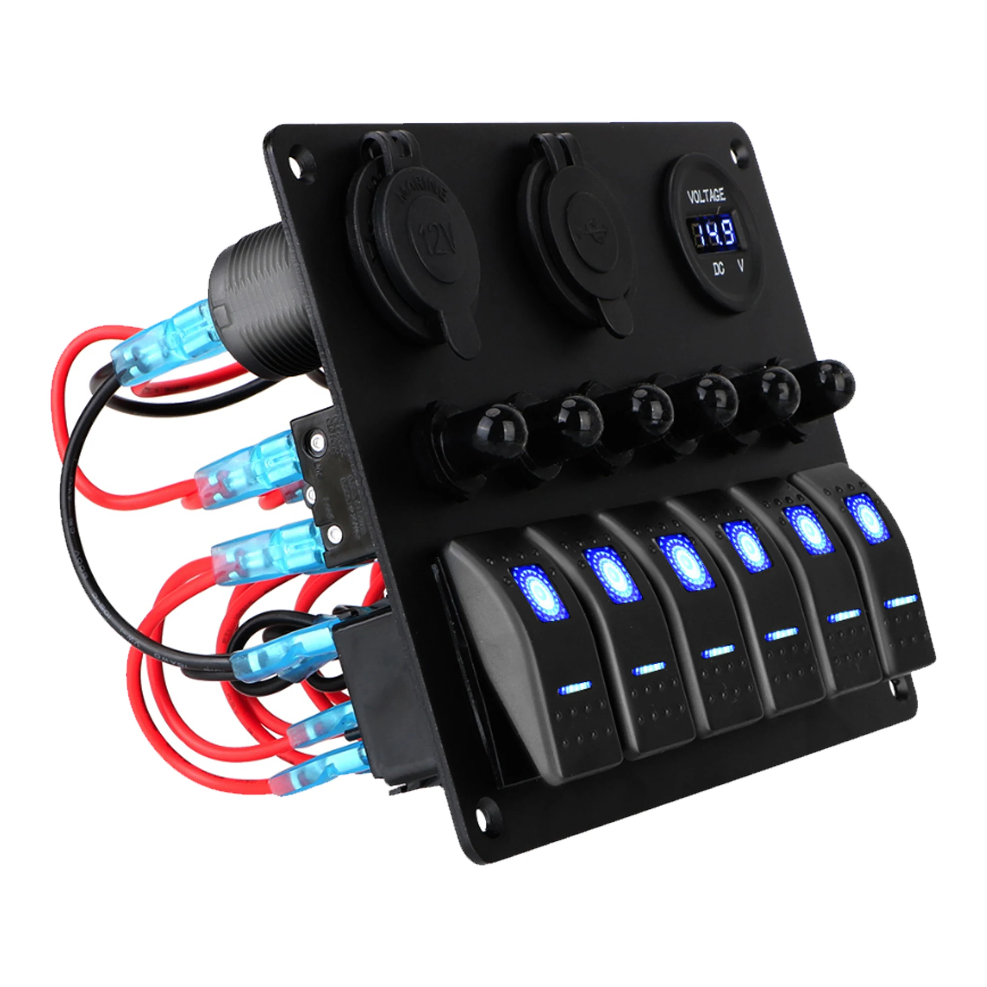 6 Gang Marine Boat Rocker Switch Panel Car Boat Blue Led 5Pin on off Toggle Switch Panel With Circuit Breaker